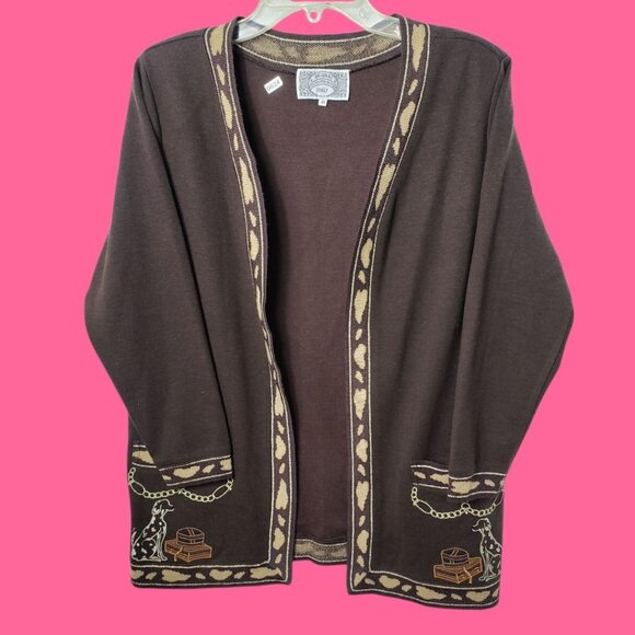 Vintage Brown Open-Front Cardigan With Dog & Chain Embroidery Size 40eu Medium - Picture 1 of 11